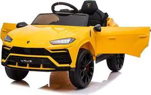 Electric Ride On Car with RC 12V Kids Battery Powered Ride On Toys with Spoked wheel, Open Doors, Leather 1 Seat, MP4 Screen, Music, Horn, Yellow Americas Toys Compatible with Lamborghini