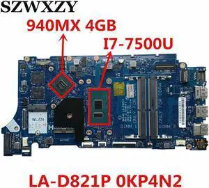 For Inspiron 7460 7560 Laptop Motherboard 0KP4N2 KP4N2 SR2ZV I7-7500U CPU 940MX 4GB