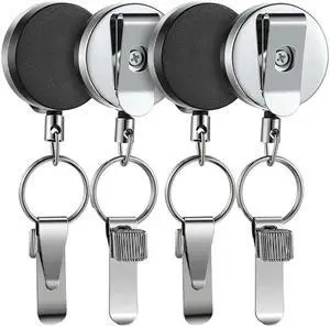 4 Piece Retractable Pull Pen Pencil Holder Silver & Black Stainless Steel Universal Pen Lanyard Retractable With Belt Clip