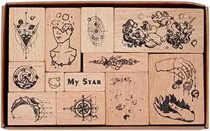12Pcs Vintage Wooden Rubber Stamp Set Streamer Star Trail Series Decorative For Card Making