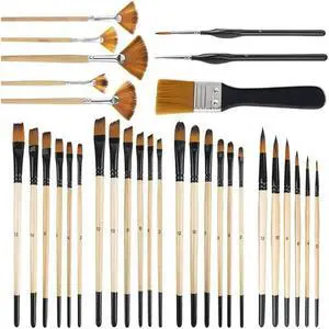 32Pcs Paint Brushes Kit For Acrylic Painting,Premium Nylon Bristles With Round, Filbert, Flat, Fan, Angle, Fine Detail Brush Set
