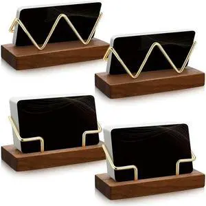 4 PCS Wood Business Card Holder Gold Card Holder Stand Name Card Organizer Wood+Metal Name Card Business Card Display Holders