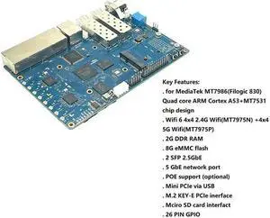 For PI BPI-R3 MT7986 2G+8G EMMC 2 SFP 2.5GbE 5GbE Router Development Board+Heat Sink+Antennas+Power Cable EU Plug