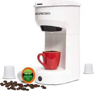 Mixpresso 2 in 1 Brewer Single Serve Coffee Maker for K Capsule and Ground Coffee, Single Cup Coffee Machine, Compact Size Mini Coffee Maker Quick Brew Technology 14oz White One Cup Coffee Brewer