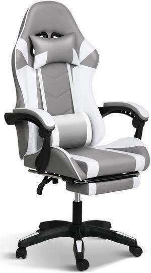 Steelway Gaming Chair, Office Chair Leather Racing Style,Massage Gaming Chairs for Adults and Kids,Adjustable Swivel Task Chair with Lumbar Support, Headrest Pillow and Footrest(Grey&White)