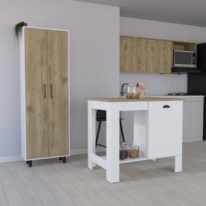 Arlington 2 Piece Kitchen Set, Kitchen Island + Pantry Cabinet, White / Light Oak