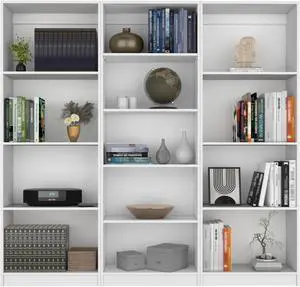 Chelton 3 Piece Living Room Set with 3 Bookcases, Matt Gray/ White