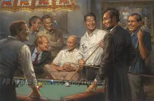Callin' The Blue Republican Presidents Playing Pool by Andy Thomas Paper Print Open Edition 12x18 Celebrate history w Reagan Bush Eisenhower Nixon & Lincoln in a whimsical game
