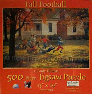 Fall Football 500 Piece Jigsaw Puzzle by Andy Thomas - Relive the joy of backyard games with this nostalgic puzzle featuring lively scenes of autumn playtime, 13" x 19".