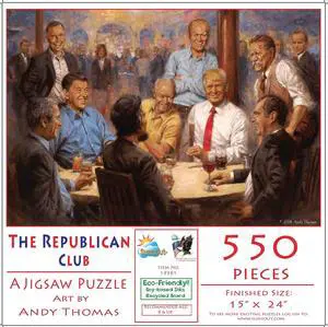 The Republican Club 550 Piece Jigsaw Puzzle by Andy Thomas - 15" x 24" finished size, perfect for family fun and relaxation anytime! Enjoy a delightful challenge with this engaging puzzle.