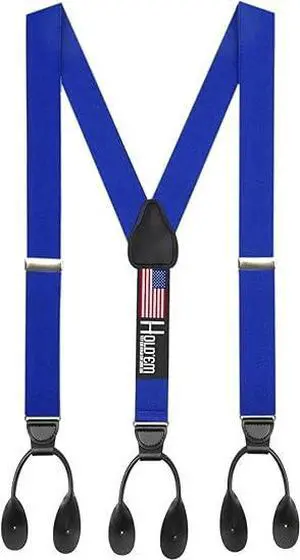 Hold'Em Tuxedo Suspenders for Men Black Genuine Leather Button End 1.25 Inches Mens Braces Suspenders- Royal Blue (Regular 46" Long)
