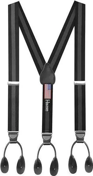 Hold'Em Tuxedo Suspenders for Men Black Genuine Leather Button End 1.25 Inches Mens Braces Suspenders- Regimental Stripe Black (Regular 46" Long)