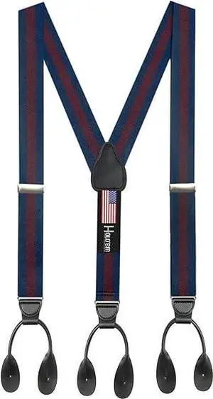 Hold'Em Tuxedo Suspenders for Men Black Genuine Leather Button End 1.25 Inches Mens Braces Suspenders- Regimental Stripe Navy (Tall 54" Long)