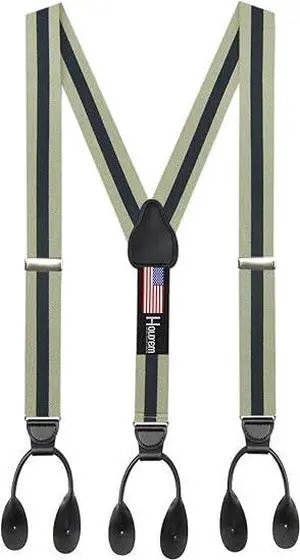 Hold'Em Tuxedo Suspenders for Men Black Genuine Leather Button End 1.25 Inches Mens Braces Suspenders- Regimental Stripe Tan (Tall 54" Long)