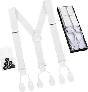 Hold'Em Tuxedo Suspenders for Men Black Genuine Leather Button End 1.25 Inches Mens Braces Suspenders- White (Tall 54" Long)