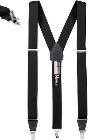 Hold'Em Mens Elastic No Slip Pin Clip Y Back Suspenders With Leather Trim - Black (Regular 46" Long)