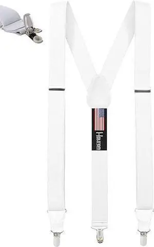 Hold'Em Mens Elastic No Slip Pin Clip Y Back Suspenders with Leather Trim -White (Regular 46" Long)