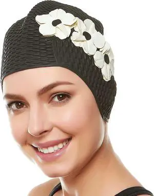 Beemo Latex Swimming Cap for Women, Swim Cap for Long Hair or Short Hair, Bath & Swim Caps to Shield Hair from Damage, Use as Large Shower Cap, Lavender Swimming Cap with White Flowers