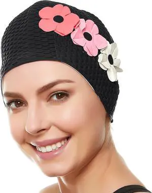 Beemo Latex Swimming Cap for Women, Swim Cap for Long Hair or Short Hair, Bath & Swim Caps to Shield Hair from Damage, Use as Large Shower Cap, Black Swimming Cap with Pink & White Flowers