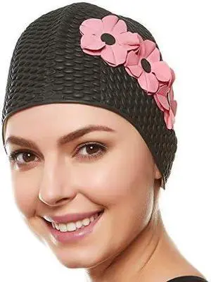 Beemo Latex Swimming Cap for Women, Swim Cap for Long Hair or Short Hair, Bath & Swim Caps to Shield Hair from Damage, Use as Large Shower Cap, Black Swimming Cap with Pink, Flowers