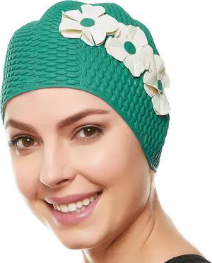 Beemo Swim Bathing Caps for Women Latex Triple Flowers-Green w/White Flowers