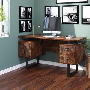 Computer Desk for Home Office with 4 Large Drawers, Rustic Wood Writing Study Table Metal Frame, 59 x 21.7 29.5, Color Block Desktop,Easy Assembly
