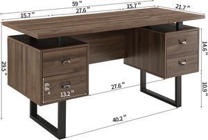 Computer Desk for Home Office with 4 Large Drawers, Rustic Wood Writing Study Table Metal Frame, 59 x 21.7 29.5, Color Block Desktop,Easy Assembly Walnut
