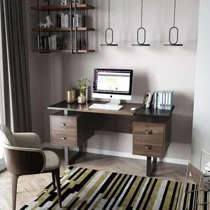 Computer Desk for Home Office with 4 Large Drawers, Rustic Wood Writing Study Table Metal Frame, 59 x 21.7 29.5, Color Block Desktop,Easy Assembly Walnut & Black
