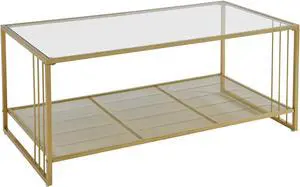 ASARUDA Glass Coffee Table with Golden Metal Frame, 2-Tire Cocktail Table for Living Room, 41.7L x 21.6W x 17.7H, Modern Rectangular Sofa Table with Storage Shelf, Easy Assembly, for Office Gold