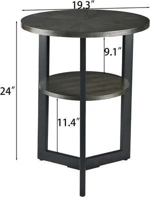 Small Round End Table with Storage Shelf, Circular Solid Wood Sofa Side Metal Leg, 2-Tier Telephone Table, Nightstand, 24''H x 19.3''D for Living Room Bedroom Entryway Black