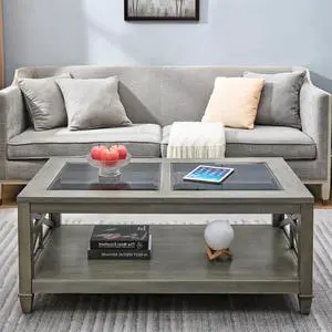 ASARUDA Solid Wood Coffee Table with Tempered Glass Top, Rectangular Living Room Table with 2-tire Storage Shelf, Industrial Centre Table, 45.5" X 26" Tabletop, Easy Assembly