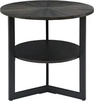 ASARUDA Large Round End Table with Storage Shelf, Rustic Circular Sofa Side Black Metal Legs, Solid Wood Nightstand, Telephone for Living Room, Bedroom, 25.2''D x 24''H Black