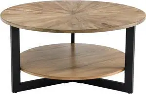 ASARUDA Round Coffee Table with Storage Shelf, Farmhouse Living Room Cocktail Table with Black Metal Legs, Circular Solid Wood Center Tea/ Sofa Table, 33.5''Dx17.9''H
