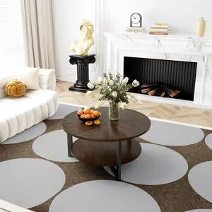 ASARUDA Round Coffee Table with Storage Shelf, Farmhouse Living Room Cocktail Table with Black Metal Legs, Circular Solid Wood Center Tea/ Sofa Table, 33.5''Dx17.9''H Dark Brown