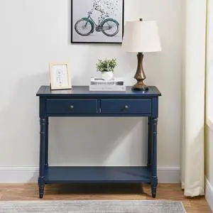 ASARUDA Solid Wood Console Entry Table with 2 Drawers, Accent Sofa Table with Storage Shelf, Narrow Entryway Hall Table for Living Room Office Easy Assembly 35.54" L x 30" H x 13.78" W Blue