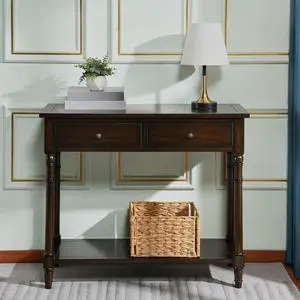ASARUDA Solid Wood Console Entry Table with 2 Drawers, Accent Sofa Table with Storage Shelf, Narrow Entryway Hall Table for Living Room Office Easy Assembly 35.54" L x 30" H x 13.78" W Coffee