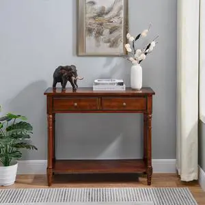 ASARUDA Solid Wood Console Entry Table with 2 Drawers, Accent Sofa Table with Storage Shelf, Narrow Entryway Hall Table for Living Room Office Easy Assembly 35.54" L x 30" H x 13.78" W Brown