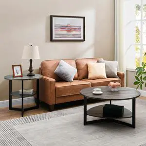 ASARUDA Round Coffee Table For Living Room, 35.3" Large Farmhouse Cocktail Table With Storage Shelf, Circular Wood Center Tea Table , Sofa Table, Easy Assembly, Wood Natural tabletop&Black Metal Leg