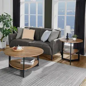 ASARUDA Round Coffee Table For Living Room, 35.3" Large Farmhouse Cocktail Table With Storage Shelf, Circular Wood Center Tea Table , Sofa Table, Easy Assembly, Metal Leg Brown