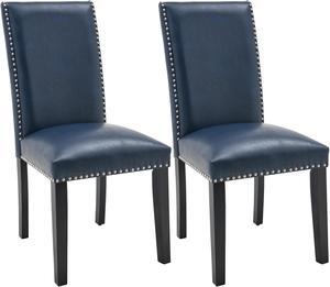 ASARUDA Dinning Chairs Set of 2 with Nail-Heads Trim, Faux Leather Kitchen Upholstered Seat, Wood Legs, 39'' x 25'' x 19'', Holds 300 Lbs, Easy Assembly Blue