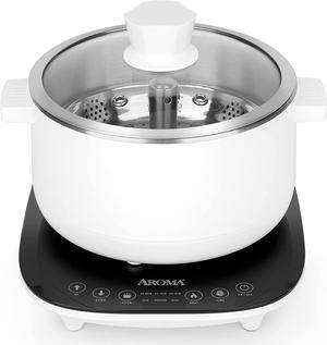 Aroma Housewares 2.5-Liter Smart Electric Hot Pot & Rapid Boil Steamer with Automatic Stainless Steel Steamer Basket Lift, White, ASP-700