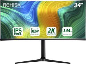 REHISK 34" IPS 144hz 2K Curved Gaming Monitor 1900R Display 96% DCI-P3 3440x1440 VESA Display HDR400 2 DisplayPort 1.4, 2 HDMI 2.0 computer monitor
