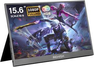 REHISK 15.6 inch Portable Monitor FHD 1080P gaming monitor External Monitor for Laptop with mini HDMI and USB-C for PC Mac Phones PS4/5 Xbox nintendo switch built in 2 speakers Build in stand