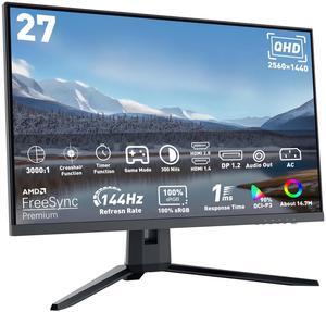 REHISK 27 inch 2K 2560 x 1440 QHD 144Hz 1ms IPS Gaming Monitor, FreeSync, HDR10, 2 x HDMI, 1 x DisplayPort, Support VESA Mount