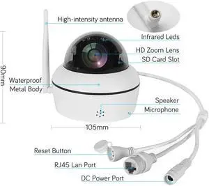 5MP WiFi Dome Home Security Camera Pan Tilt Zoom Humanoid Tracking Two-way Talk 128GB