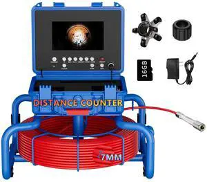 7" Sewer Pipe Inspection Video Camera AHD Rec Screen, 23mm Probe, 512Hz, Sapphire Lens, 1080P, 145°, 50m Endo, 4500mAh, 12 LEDs, 16GB, 7mm Cable