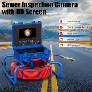 7" Sewer Pipe Inspection Camera AHD Recording Screen, 23mm Stainless Probe, 1080P, 145° Lens, 30M Endoscope, 4500mAh Battery, 12 LED Lights, 16GB Card.