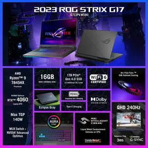 ASUS ROG Strix G17 (2023) 17.3 QHD 240Hz Gaming Laptop, AMD Ryzen 9-7845HX, NVIDIA GeForce RTX 4060, 16GB DDR5 RAM, 1TB SSD, Windows 11, G713PV-WS94