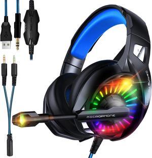 A20 Gaming Headset for PC, PS4, Xbox One - 7.1 Surround Sound Headphones Over-Ear with Noise Canceling Microphone, RGB Backlit Lights, Memory Earmuffs, 3.5mm Wired Headset for PC, Laptop, Mobile, Mac
