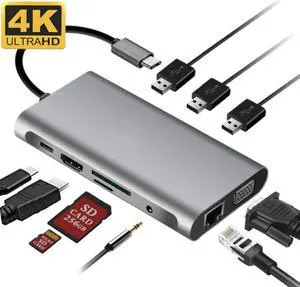 USB C Hub ,10 In 1 PD Type C Adapter Dock 3 USB 3.0 Port 4K HD MI 1080P VGA RJ45 SD TF Card Reader Gigabit Ethernet For Macbook Pro
